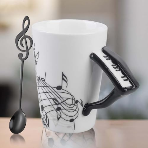 Taza de café de porcelana de 250 ml, diseño de música, taza de café con cuchara de acero inoxidable, taza de té de músico, taza de café con asa de piano, taza de café de cerámica para el hogar y la