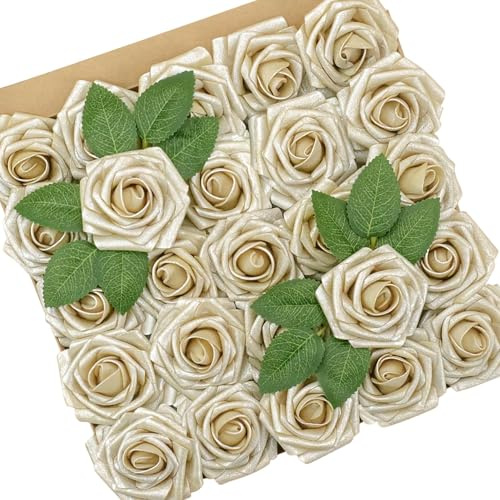 Artificial Flowers, 25pcs Champagne Light Gold Rose for DIY Wedding Bouquets Centerpieces Arrangements, Artificial Rose with Stem for Bridal Shower Party Home Decorations