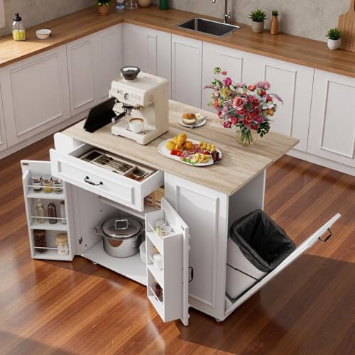 Sapgaks - Islas de cocina extensible para móviles, 110 × 40 – 70 × 90 cm, con cajones, toma de corriente e interfaz USB, isla central de cocina ideal para cocina y comedor (D-Blanco)