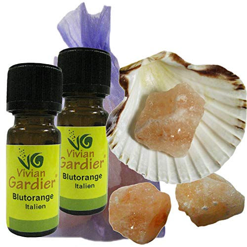 Blutorange ätherisches Öl naturrein 2 x 10ml aus kontrolliertem Anbau. 7 teiliges Aromatherapie Duft Set mit Muschel + 3 Salz Kristalle zum Beduften + Säckchen. 50022