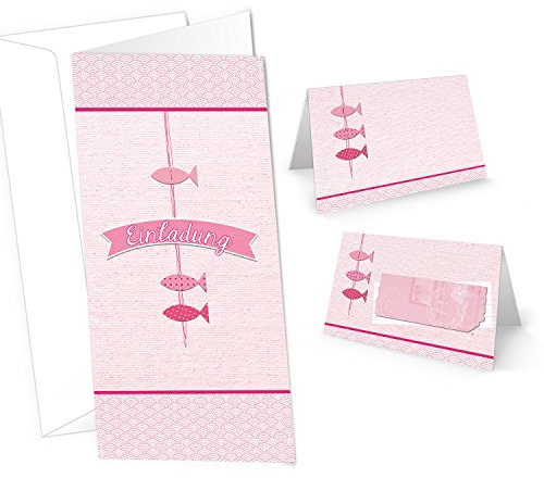 Logbuch-Verlag Karten Set - 10 Einladungskarten mit Kuvert + 25 Tischkarten rosa Fische - Tischdeko Taufe Kommunion Mädchen