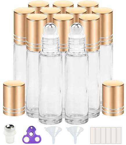 PrettyCare 12 Pack, 10 ml Essential Oil Roller Bottles with Stainless Steel Roller Ball - Refillable Leak-proof Empty Thick Clear Glass Roll on Bottles with Metal Caps for Travel, Perfume