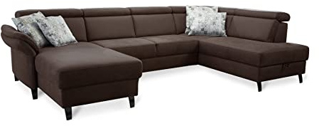 Cavadore Wohnlandschaft Ammerland mit Federkern, U-Form mit Longchair links und Ottomane rechts, inkl. Kopfteilverstellung, 317 x 84 x 193, lederoptik cognac