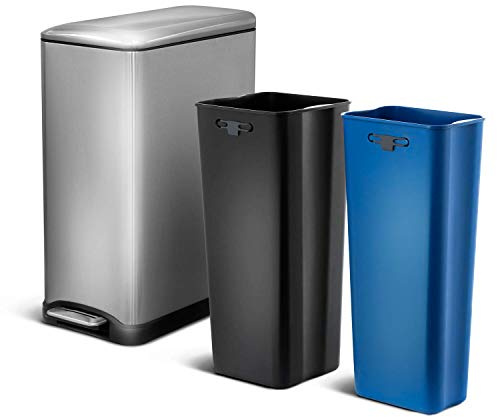 Home Zone Living 13 Gallon Slim Kitchen Trash Can with Dual Compartments for Trash and Recycling, Soft Close Lid, Step Pedal, Stainless Steel, Silver