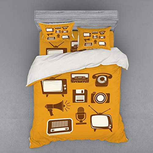 Ambesonne TV Show Bedding Set, Retro Electronic Media Megaphone Radio Telephone Cassette, 4 Piece Duvet Cover Set with Shams and Fitted Sheet, Queen Size, Apricot Chocolate