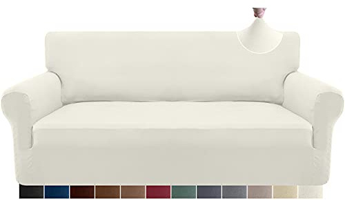 Granbest Strecken Sofabezug 3 Sitzer Superweich Elasthan Sofaüberwurf für Hunde Haustier Couchbezug Möbelschutz mit Elastischen Boden (3 Sitzer, Creme)