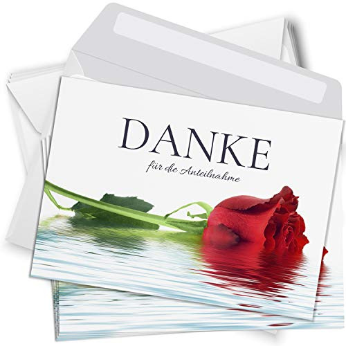 Einladungskarten Manufaktur Hamburg Trauer Danksagungskarten mit Umschlag | Motiv: Rose Wasser, 10 Stück | Dankeskarten Din A6 Set | Trauerkarten Danksagung Danke sagen