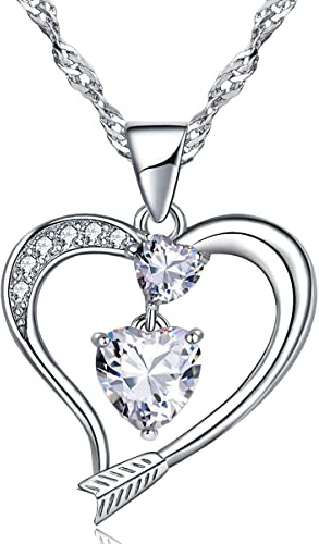 Emma Manor EM Collana a Forma di Cuore Collana Con Ciondolo a Forma di Freccia D'amore Placcata in Oro Bianco 14k Per Donna (Oro bianco-04-aprile)