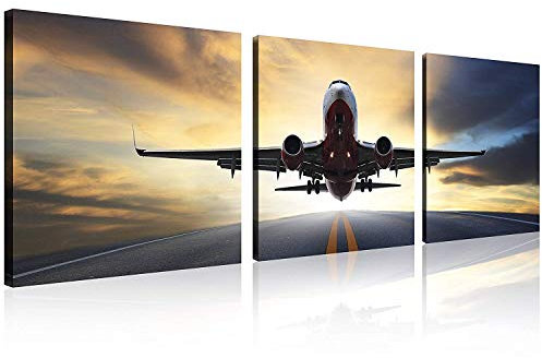 TutuBeer Vintage-Flugzeug-Wandkunst, Vintage-Flugzeug-Dekor, Flugzeug bei Sonnenuntergang, altes Papierflugzeugbild, Leinwand, Flugzeug-Wandkunst, gespannt und gerahmt, Flugzeugbild, Kunstwerk für