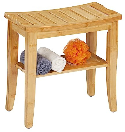 Relaxdays Badhocker aus Bambus, Sitzhocker mit Ablagefläche, HxBxT: 45,5 x 48 x 25 cm, Stauraum für Flur & Bad, Natur