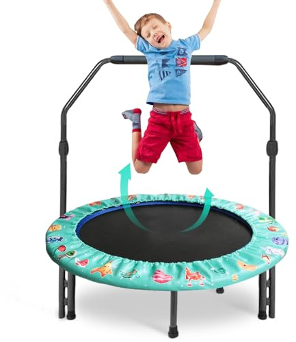 Mini trampolín Ø 92 cm Cama elástica Infantil con Mango Ajustable, trampolín para niños Plegable para Interior o Exterior, Capacidad de Carga 60 kg, Verde