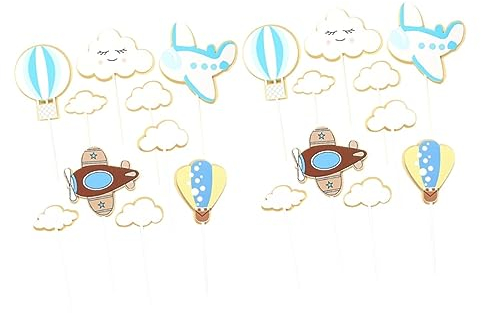 Abaodam 40pcs Boy Theme Cake Toppers Cartoon Cloud Hot Air Balloon Airplane Cake Picks for Birthday Party Shower Decor Lovely Paper Decorations for Boy Girl Celebrations