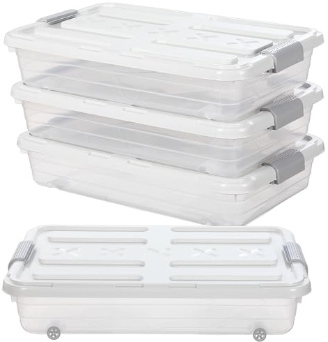 Beeveer 4 Pcs Plastic Under Bed Storage Containers with Lid Wheel Handle, Transparent Large Capacity Stackable Latching Storage Bins for Closet Bedroom Clothes Shoes Blanket(23.7 x 15.8 x 5.2,White)