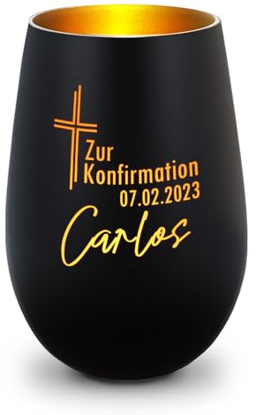 GRAVURZEILE Deko Windlicht aus Glas mit Gravur - Kreuz - Zur Kommunion Konfirmation & Taufe - Personalisiert mit Anlass Name Datum - Personalisierte Geschenke für Mädchen & Jungen - Schwarz/Gold