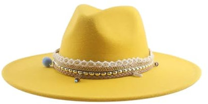 SOYNIA Fedora Trilby Filzhut Hut Hüte Für Damen Und Herren Fedora-Hut Breite Krempe 9,5 cm Große Größe Einfarbig Lässig Band Filzhut 56–58 cm Gelb