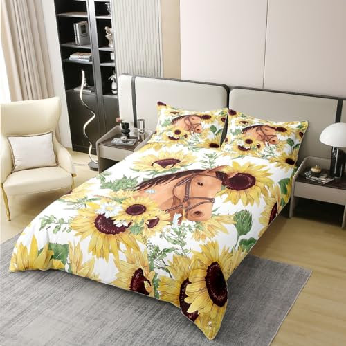 richhome Pferd 100% Bio-Baumwolle Bettbezug Set Gelbe Sonnenblume Tröster Abdeckung Set für Kinderzimmer Cartoon Tier Floral Bettwäsche Set 200x200 Größe