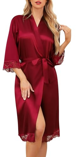 Sopesil Peignoir Satin Femme Robes du Matin Longues pour Femmes Bordure en Dentelle Robes de Mariée Vêtements de Nuit Doux,S-XXL