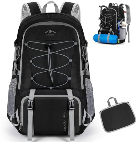 RAINSMORE Wanderrucksack Herren Damen 40L Wasserdichter Rucksack Leichter Reiserucksack Faltbarer Fahrradrucksack Tagesrucksäcke mit ReflexstreifenTrekkingrucksack Schwarz