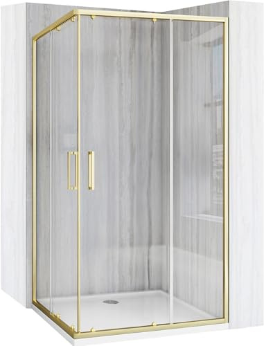 VBChome Duschkabin 80 x 100 cm guld 190 cm 5 mm hörningång kvadrat duschvägg skjutdörr duschavskiljare klart säkerhetsglas dusch duschskiljevägg