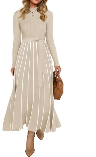 ZESICA Abito da Donna 2024 a Collo Alto a Maniche Lunghe, con Laccetto in Vita, Casual, a Costine, vestibilità Ampia, Linea a Trapezio, Midi, Albicocca, S