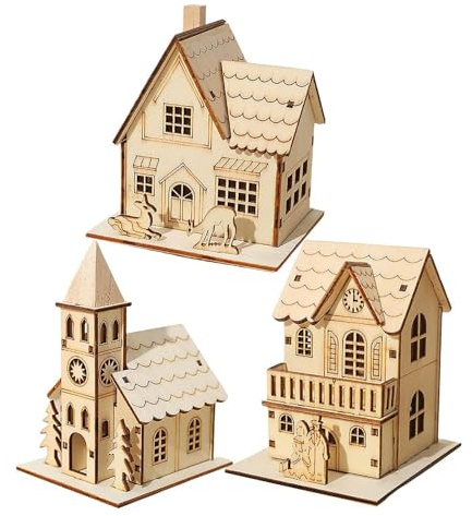 Xialuwy LED Christmas House Village Ornament, Wooden Church & Village Scene, Pre-Lit, Multicolor, Tabletop Decoration
