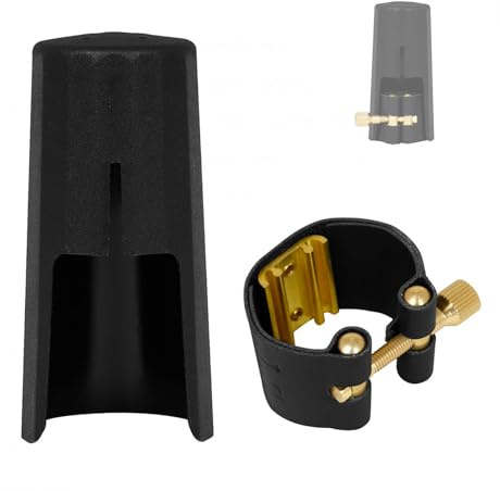 OriGlam Cierre de ligadura de cuero para clarinete Bb y tapa de plástico para boquilla de clarinete, cubierta de boquilla de sujeción de ligadura con tapa de plástico para clarinete
