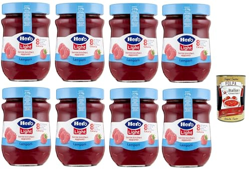 Hero Light - Mermelada de frambuesas (8 tarros de 280 g, mermelada y mermelada adicional, fruta de alta calidad, sin conservantes y sin colorantes + Polpa italiana Gourmet 400 g)