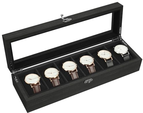 Uten Watch Box 6 Slots, Solid Wood Watch Case with Glass Lid, Metal Clasp, Watch Display Storage Box for Men and Women, Removable Silk Cotton Pillow, Black Lining, Gift Idea for Watches, Jewelry