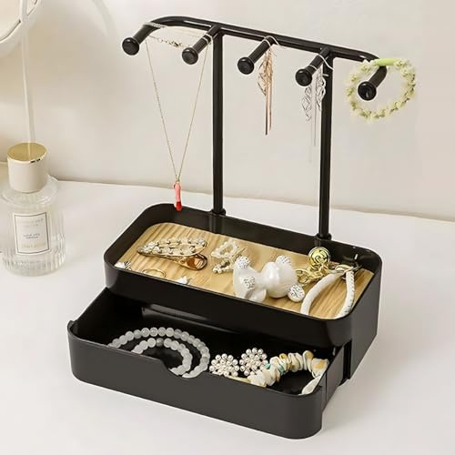 Schmuck Organizers mit Schubladen, Schmuckständer mit 5 Haken & Bodenschale, Deko Kettenständer mit 20 Schmucksäckchen, Kompakt Schmuckhalter für Halsketten Ohrringe Armbänder Ringe Uhren, Schwarz