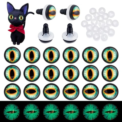 PH PandaHall 20pcs 12mm Dragon Eye Cabochons Craft Safety Eyes Glow in The Dark Green Luminous Craft Crochet Eye with 20pcs Washers for Crocheted Stuffed Animal Teddy Bear Halloween Decor