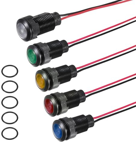 PATIKIL 5Pcs 12mm(15/32) Indicator Light,12V-24V AC/DC LED Plastic Shell Signal Lamp Waterproof IP67 Round Head Signal Lights with 150mm(5.9) Cable for Boat Car,5 Colors