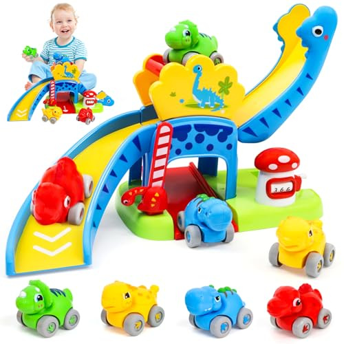 XIAPIA Jouet Bébé 1-2 Ans, Piste de Course pour Voitures Dinosaures, Cadeau d'anniversaire pour Garçon Fille 1 an, Jouet Montessori pour Tout-Petits 12-18 Mois, Jeux de Motricité Dinosaure