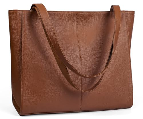 befen Echtleder Handtasche Damen Groß Shopper Tasche mit 14 Zoll Laptopfach, Mode Leder Tote Bag Schule Arbeit Freizeit Henkeltasche mit Reißverschluss, Dunkles Braun