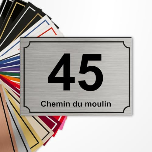 Numéro de Rue Maison Personnalisé Acier brossé/Noir 15x10 cm | Gravure Laser, 22 Couleurs, Numéro et Nom de Rue, Ornements ou Sans Motif, Adhésif 3M Sans Perçage, Fabriqué en France