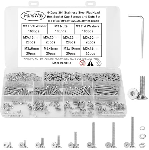 FandWay 640Pcs M3 Bolts and Nuts Set,Countersunk Head Machine Screws,Allen Screws 304 Stainless Steel,Flat Head Hex Socket Screw Bolt Nut Flat & Lock Washers Assortment Kit,Fully Threaded With Key.