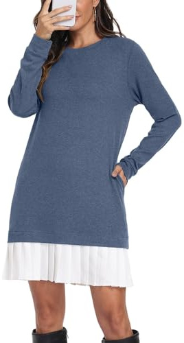 PrinStory Blue Winter Dresses Plus Size Crew Neck Long Sleeve Autumn Dresses for Women with Mini Pleated Skirt UK 6-8 (Blue, S)