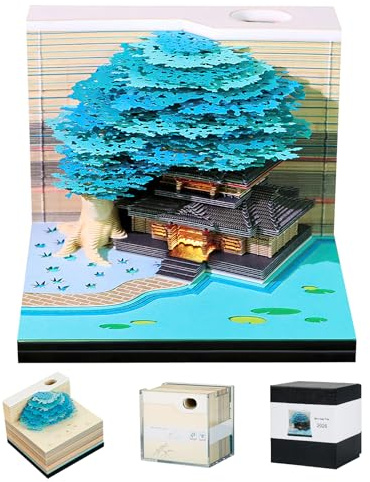 3D Kalender 2027 Abreißen, Schreibtisch Kalender mit LED Lichtern, Tischkalender-Notizblock mit Stifthalter, haftnotizen für kalender, Kreatives Geschenk für Weihnachten Home Deko (Blau-Baumhaus)