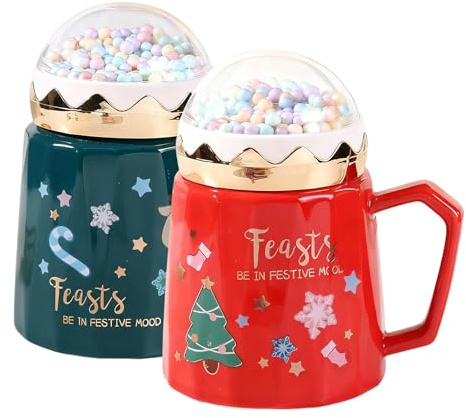2er Set Weihnachtsbecher Mit Deckel, 500ml Weihnachtstassen Keramik, 3D Weihnachtsmann Weihnachtsbecher, Niedliche Weihnachtsmann Tassen mit Geschenkbox Geschenke für Freunde Familie(Rot Grün)