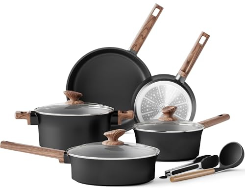 Kitchen Academy Pots and Pans Set Non Stick, 10PCS Ceramic Cookware Black | Non-toxic Pots and Pans Sets, Coated Induction Pans, Aluminium Saucepan Sets with Lid, Cooking Pot Cookware Set All Hobs