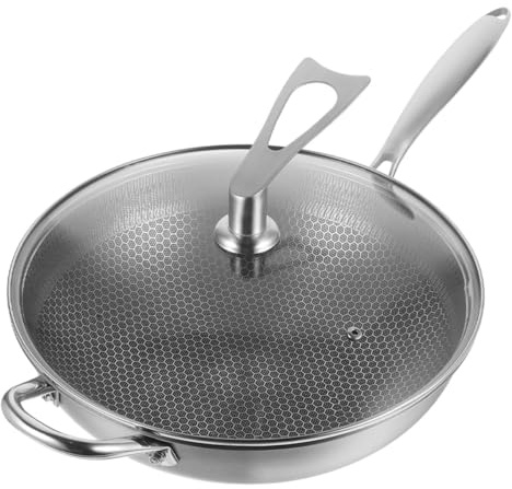 SHINEOFI Padella Wok a Nido d'Ape 34 CM in Acciaio Inossidabile 410 con Coperchio, Pentola Antiaderente senza Rivestimento per Cucina Domestica e Cottura a Vapore