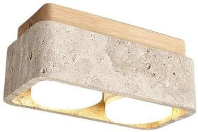Yellow Travertine & Wood Flush Mount Ceiling Light – Natural Stone Double GX53 Downlight Fixture, Low Profile Design for Hallway, Closet, Entryway, Bedroom & Stair Landing (Natural Color)
