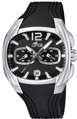 LOTUS Reloj Hombre Analógico de Caucho Negro | Movimiento de Cuarzo, Cronógrafo, Calendario, Cristal Mineral de Alta Resistencia, Resistente al Agua 5 ATM 15756/D
