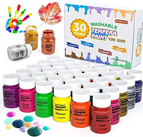 Shuttle Art Temperafarben Set, 30 Tempera Farben in Flaschen, je 60 ml, abwaschbare Kinderfarben, enthält Fluoreszierende, Metallic- und Glitzer-Farben, für Poster, Malen und Bastelprojekte geeignet