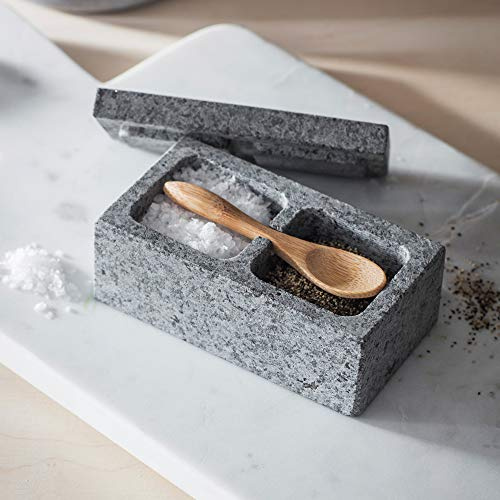 Ckb Ltd salt- och pepparlåda av granit, med bambusked, stenlåda med lock för örter och kryddor, köksset
