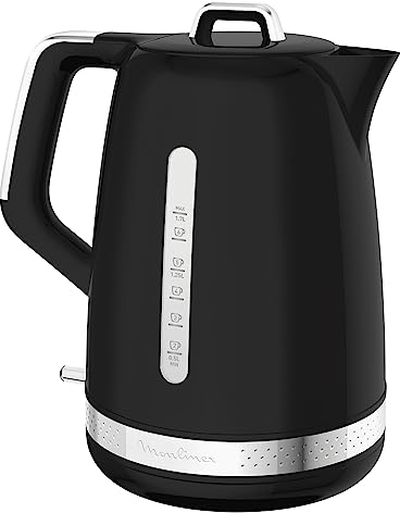 Moulinex Bouilloire électrique 1,7 L, Design vintage, Base 360°, Couvercle articulé, ébullition rapide, Arrêt automatique, Niveau d’eau, Filtre anticalcaire, Résistance cachée, Soleil noir BY320B10