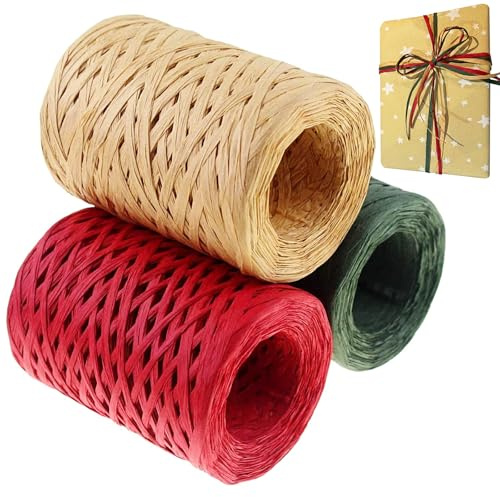 Yeelua Cinta de Rafia 3 rollos,Papel Natural de Rafia mate Artesanal,Embalaje de Regalo de Cumpleaños de Navidad, Cordel de Papel para la Decoración de Tejido Artesanal de Bricolaje