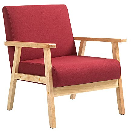 Mingone Sessel Cocktailsessel mit Armlehnen&Holzrahmen Rot | Gepolsterter Skandinavischer Stil Loungesessel | Modern 1 Sitzer Sofa | Massivholz für Wohnzimmer Schlafzimmer bis 120kg