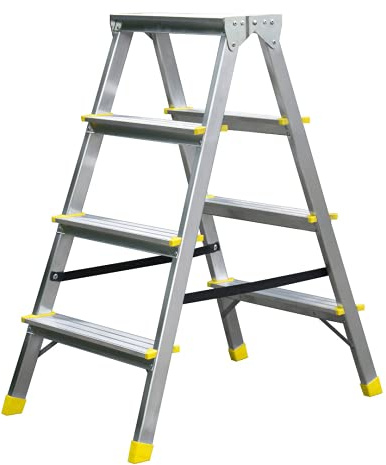 Bayersystem BS-DDA4 Beidseitige Trittleiter 2x4 Stufen, Aluleiter, bis 150 kg belastbar, Arbeitshöhe 2,86 m, klappbar, Anti-Rutsch-Füßen, Doppelstufenleiter für Haushalt, Silber/Gelb