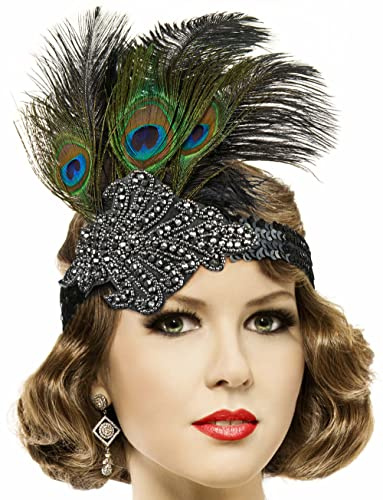Balinco 20er Jahre Pfau Feder Haarband | Gatsby Pailletten Kopfband | Charleston Retro Stirnband | Haarschmuck 1920s | Accessoire für Damen