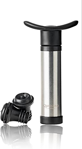 Qpractiko | Pompa per vuoto vino | Acciaio inossidabile, argento, include 2 tappi silicone | Conservazione vino fino a 7 giorni, blocca ossidazione, mantiene freschezza e aroma